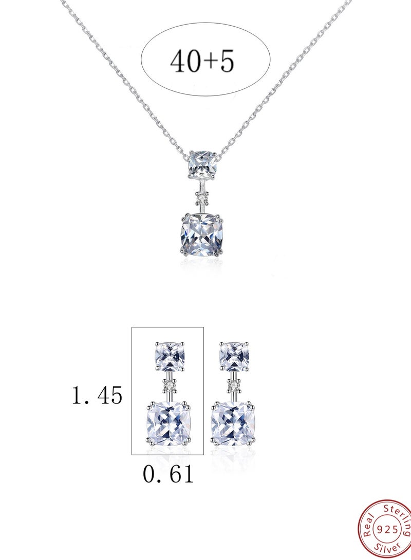 A silver jewelry set consisting of a square zircon pendant necklace and a pair of stud earrings is fashionable and luxurious for parties and banquets  - Image 2