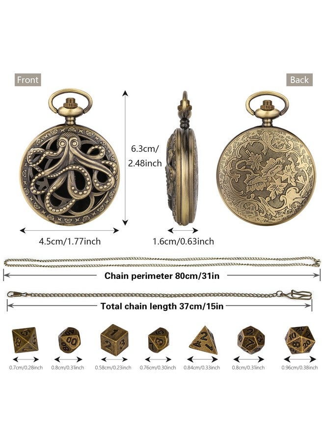 Keller & Weber Mini Dnd Dice Set Steampunk Hollow Octopus Pocket Watch Shell Case, 7Pcs Polyhedral Metal D&D Dice Set, Dnd Gifts With Gift Box For Player, Role Playing Board Games Accessories, Bronze - Image 5