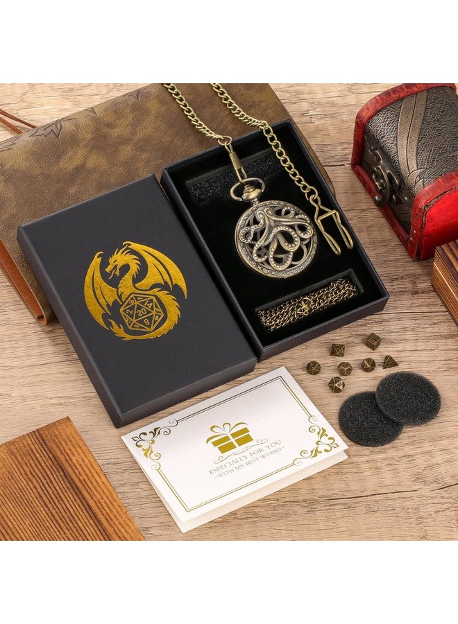 Keller & Weber Mini Dnd Dice Set Steampunk Hollow Octopus Pocket Watch Shell Case, 7Pcs Polyhedral Metal D&D Dice Set, Dnd Gifts With Gift Box For Player, Role Playing Board Games Accessories, Bronze - Image 4