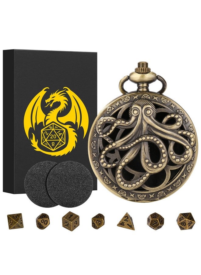 Keller & Weber Mini Dnd Dice Set Steampunk Hollow Octopus Pocket Watch Shell Case, 7Pcs Polyhedral Metal D&D Dice Set, Dnd Gifts With Gift Box For Player, Role Playing Board Games Accessories, Bronze - Image 1