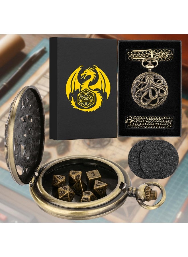 Keller & Weber Mini Dnd Dice Set Steampunk Hollow Octopus Pocket Watch Shell Case, 7Pcs Polyhedral Metal D&D Dice Set, Dnd Gifts With Gift Box For Player, Role Playing Board Games Accessories, Bronze - Image 2