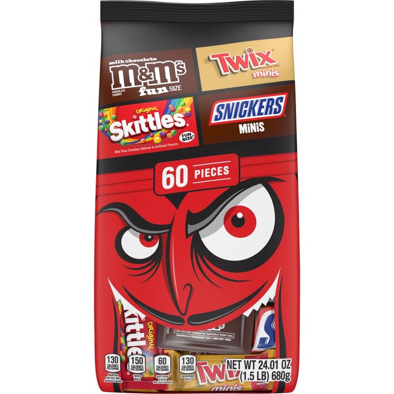 Mars M&M'S Milk Chocolate, SNICKERS, SKITTLES Original & TWIX Fun Size and Minis Individually Wrapped Trick or Treat Halloween Candy Variety Pack, 60 Ct Bulk Bag - Image 1