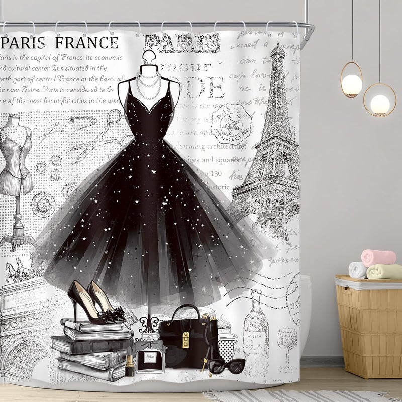 Riyidecor Fashion Girly Dresses Shower Curtain 60Wx72H Inch Black White Eiffel Tower Paris Perfume Modern Girls Women High Heels Makeup Bathroom Decor Fabric Polyester Waterproof 12 Pack Hooks - Image 2