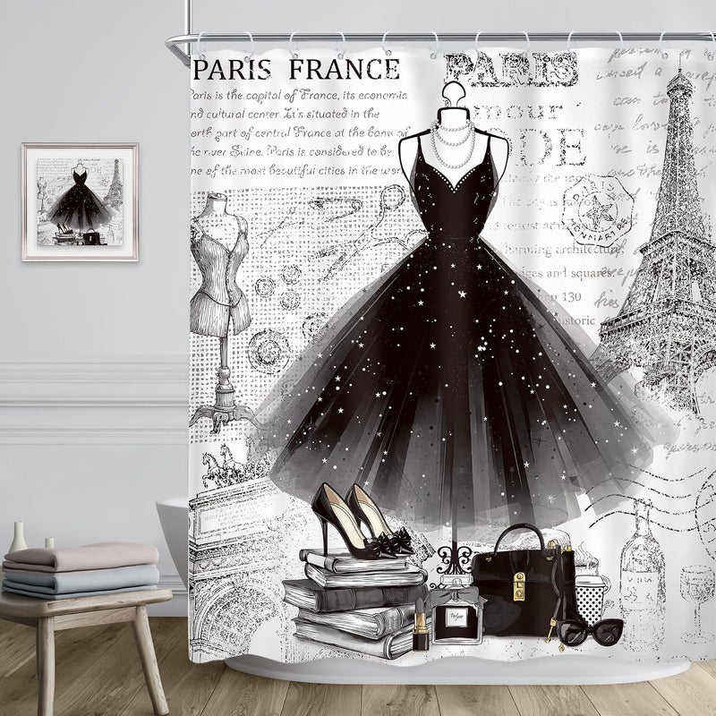 Riyidecor Fashion Girly Dresses Shower Curtain 60Wx72H Inch Black White Eiffel Tower Paris Perfume Modern Girls Women High Heels Makeup Bathroom Decor Fabric Polyester Waterproof 12 Pack Hooks - Image 3