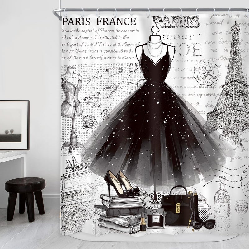 Riyidecor Fashion Girly Dresses Shower Curtain 60Wx72H Inch Black White Eiffel Tower Paris Perfume Modern Girls Women High Heels Makeup Bathroom Decor Fabric Polyester Waterproof 12 Pack Hooks - Image 1