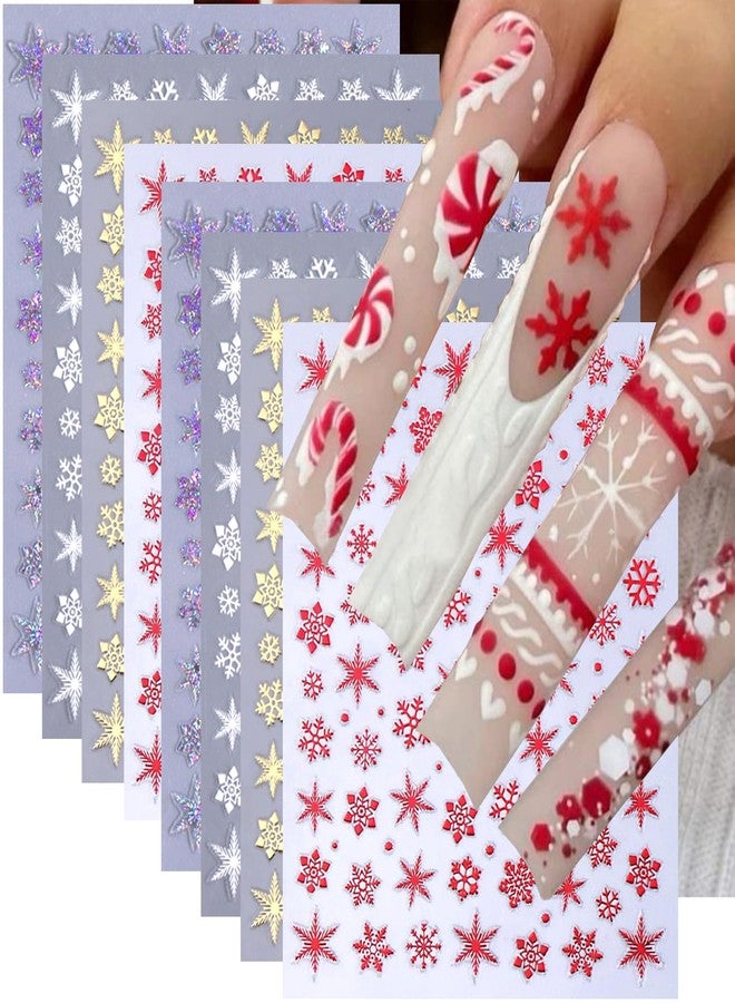 BYJKYEN 8Sheets Snowflake Nail Stickers for Nail Art, Christmas Nail Decals 3D Self-Adhesive Gold White Red Snowflakes Nail Art Stickers Snowflakes Nail Charms DIY Nail Decoration for Women and Girls - Image 1
