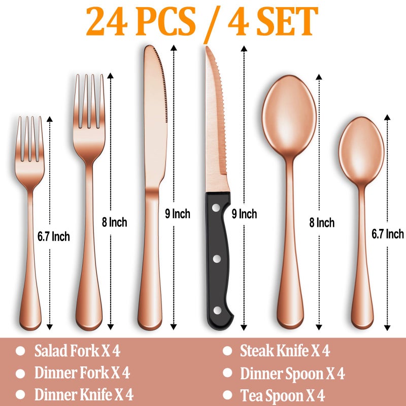 MUTNITT 24 Pcs Rose Gold Silverware Set with Steak Knives Service for 4,Stainless Steel Flatware Set,Mirror Polished Cutlery Utensil Set, Kitchen Eating Tableware,Include Fork Knife Spoon Set,Dishwasher Safe - Image 2