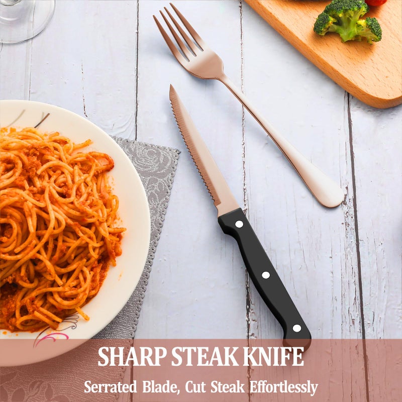 MUTNITT 24 Pcs Rose Gold Silverware Set with Steak Knives Service for 4,Stainless Steel Flatware Set,Mirror Polished Cutlery Utensil Set, Kitchen Eating Tableware,Include Fork Knife Spoon Set,Dishwasher Safe - Image 5