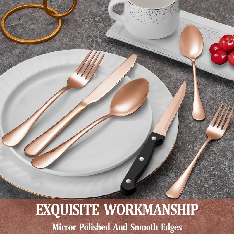 MUTNITT 24 Pcs Rose Gold Silverware Set with Steak Knives Service for 4,Stainless Steel Flatware Set,Mirror Polished Cutlery Utensil Set, Kitchen Eating Tableware,Include Fork Knife Spoon Set,Dishwasher Safe - Image 4
