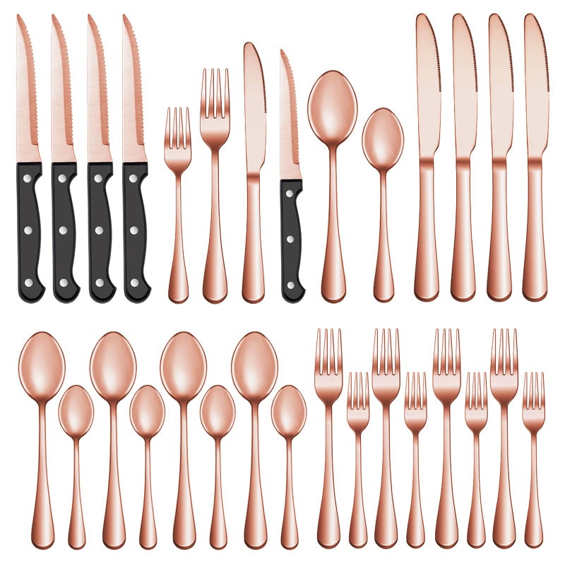 MUTNITT 24 Pcs Rose Gold Silverware Set with Steak Knives Service for 4,Stainless Steel Flatware Set,Mirror Polished Cutlery Utensil Set, Kitchen Eating Tableware,Include Fork Knife Spoon Set,Dishwasher Safe - Image 1