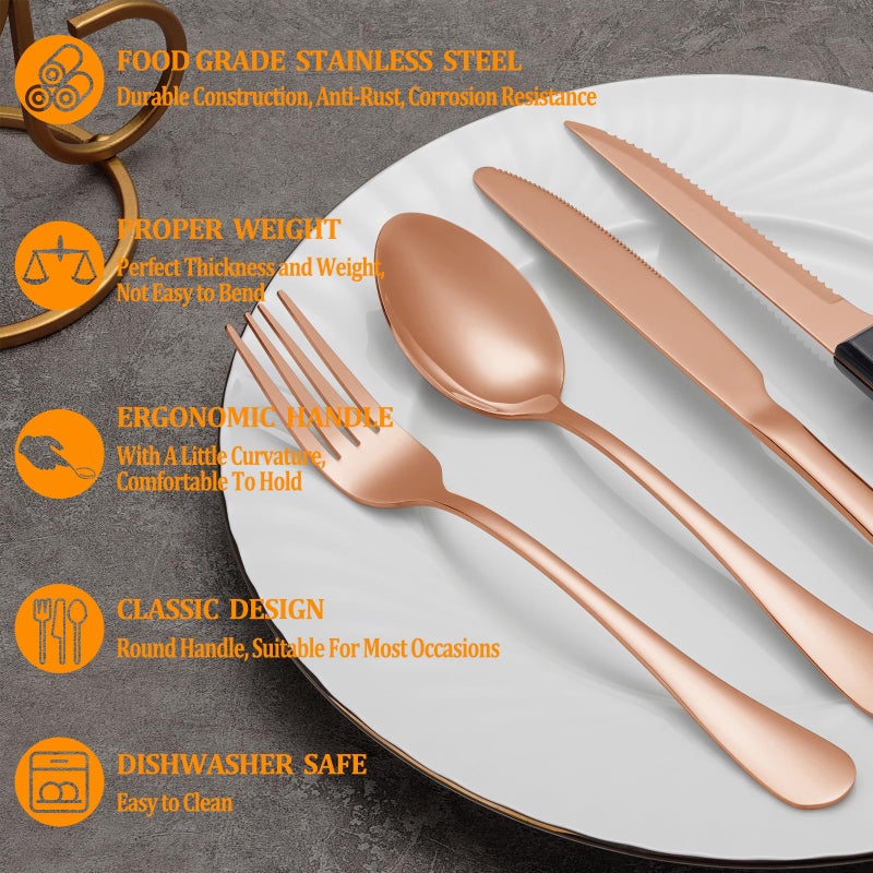 MUTNITT 24 Pcs Rose Gold Silverware Set with Steak Knives Service for 4,Stainless Steel Flatware Set,Mirror Polished Cutlery Utensil Set, Kitchen Eating Tableware,Include Fork Knife Spoon Set,Dishwasher Safe - Image 3