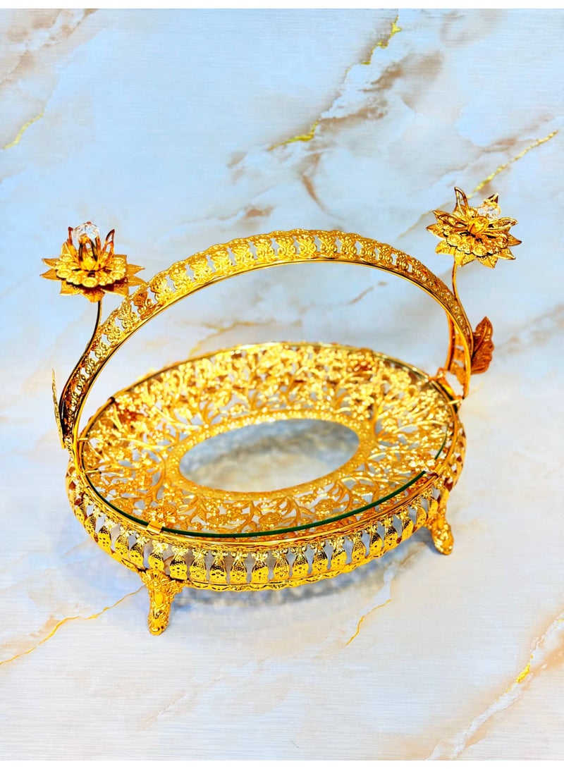 NAMA Round serving platter/decorative tray made of gold metal with glass trim. - Image 1