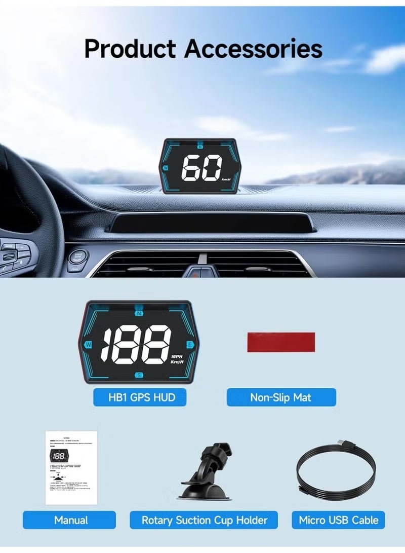 Car HUD Digital Speedometer Head-Up Display with Compass, Overspeed Alert & Auto Brightness, Plug & Play, Compatible with All Vehicles - Image 1