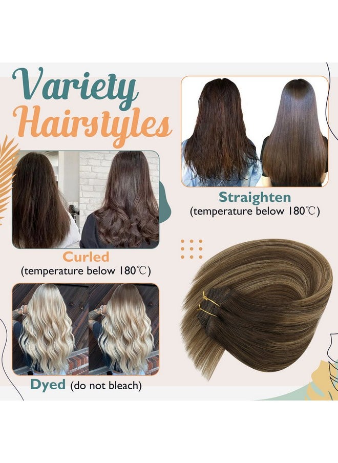 Ve Sunny Clip In Hair Extensions Real Human Hair Ombre Clip In Real Hair Extensions Brown Balayage Clip In Extensions Human Hair Dark Brown Roots Caramel Blonde Short Hair 14Inch 100G 7Pcs  - Image 5