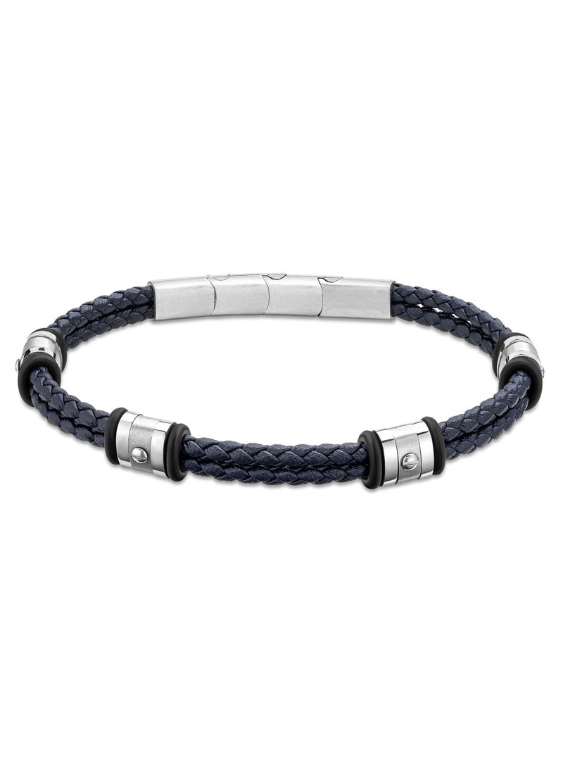 Ducati Corse Contesa Silver Stainless Steel and Dark Blue Braided Leather Bracelet for Men 210mm - Image 1
