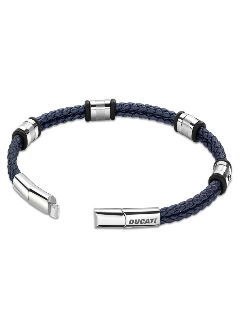 Ducati Corse Contesa Silver Stainless Steel and Dark Blue Braided Leather Bracelet for Men 210mm - Image 2