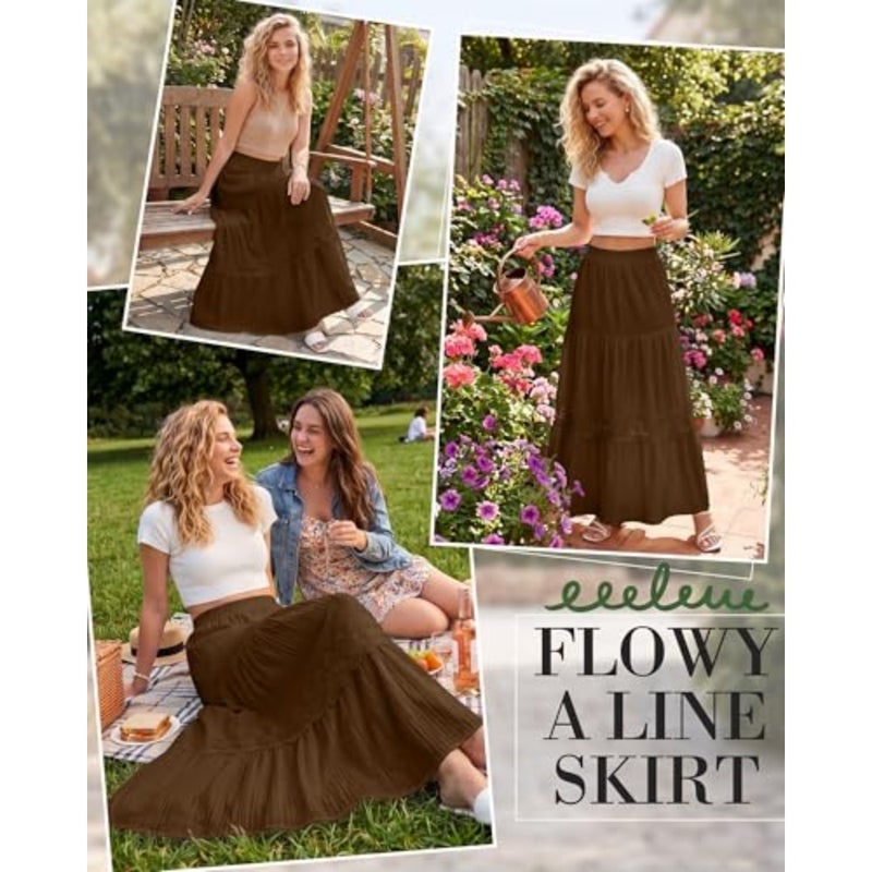 Cutecrop Women Boho Maxi Skirt 2026 Summer Lace Patchwork Ruffle Skirt Flowy A Line Elastic High Waist Tiered Vacation Outfit - Image 5