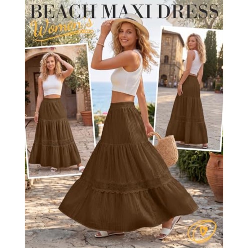 Cutecrop Women Boho Maxi Skirt 2026 Summer Lace Patchwork Ruffle Skirt Flowy A Line Elastic High Waist Tiered Vacation Outfit - Image 3