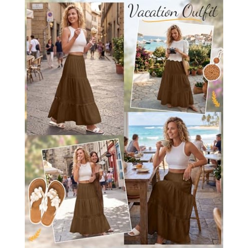 Cutecrop Women Boho Maxi Skirt 2026 Summer Lace Patchwork Ruffle Skirt Flowy A Line Elastic High Waist Tiered Vacation Outfit - Image 4