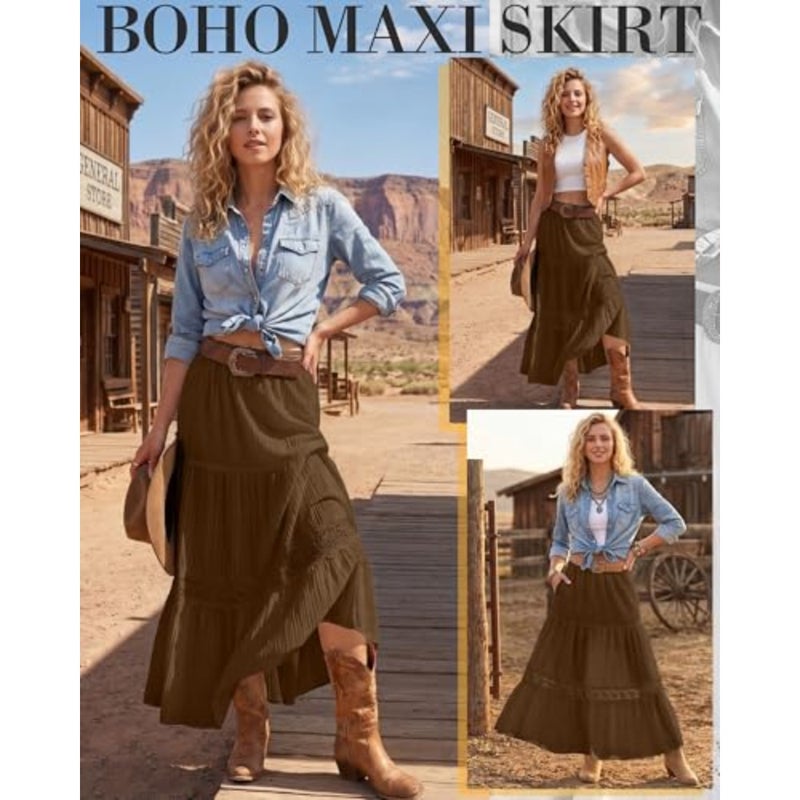 Cutecrop Women Boho Maxi Skirt 2026 Summer Lace Patchwork Ruffle Skirt Flowy A Line Elastic High Waist Tiered Vacation Outfit - Image 2
