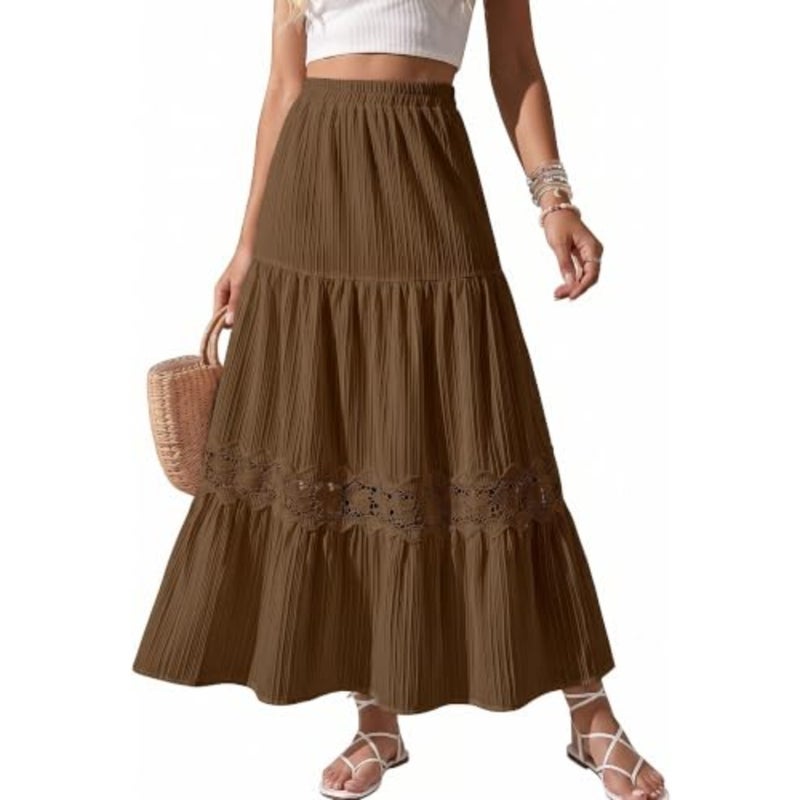 Cutecrop Women Boho Maxi Skirt 2026 Summer Lace Patchwork Ruffle Skirt Flowy A Line Elastic High Waist Tiered Vacation Outfit - Image 1