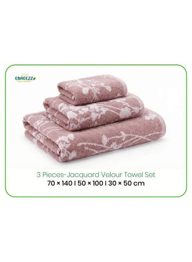 EBREEZZ 3-Piece Jacquard Velour Towel Set – Premium Soft Cotton Bath, Hand & Face Towels (70×140, 50×100, 30×50 cm) - Image 1