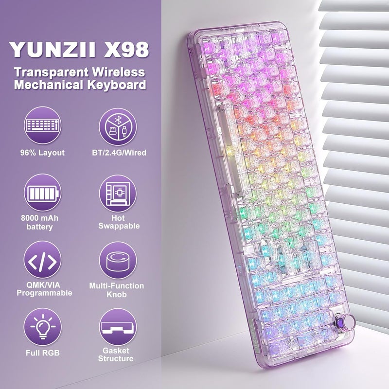 YUNZII X98 QMK/VIA Wireless Mechanical Gaming Keyboard with Knob,Tri-Mode BT5.0/USB-C/2.4GHz Hot Swappable Keyboard,Pre-lubed Switches Gasket Mount RGB Backlit for Wins/Mac (Purple, Crystal Switch) - Image 2