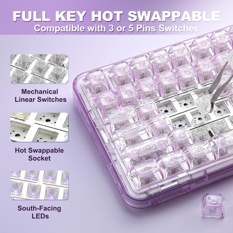YUNZII X98 QMK/VIA Wireless Mechanical Gaming Keyboard with Knob,Tri-Mode BT5.0/USB-C/2.4GHz Hot Swappable Keyboard,Pre-lubed Switches Gasket Mount RGB Backlit for Wins/Mac (Purple, Crystal Switch) - Image 5