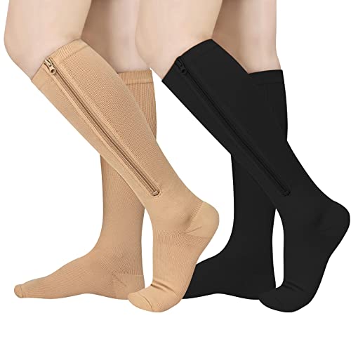 Athbavib 2 Pairs Zipper Compression Socks, 15-20 mmHg Closed Toe Compression Stocking with Zipper for Women and Men - Image 1