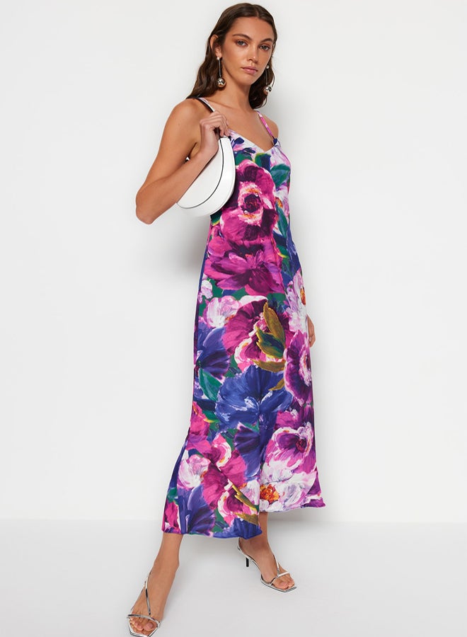 trendyol Multicolored Flower Print Straight Cut Strap Midi Satin Woven Dress - Image 3