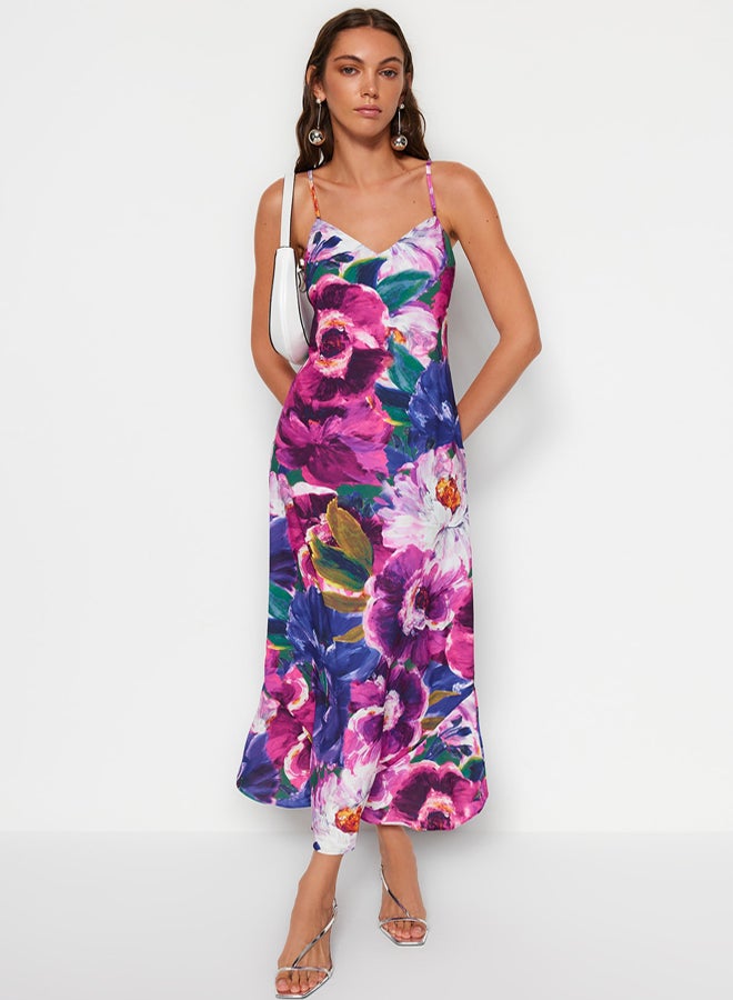 trendyol Multicolored Flower Print Straight Cut Strap Midi Satin Woven Dress - Image 1