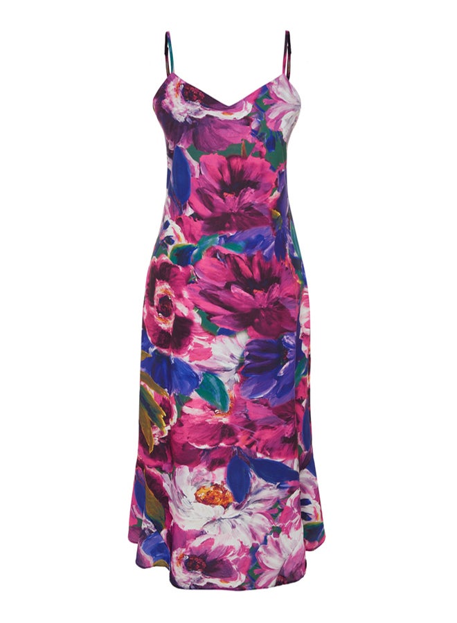 trendyol Multicolored Flower Print Straight Cut Strap Midi Satin Woven Dress - Image 5