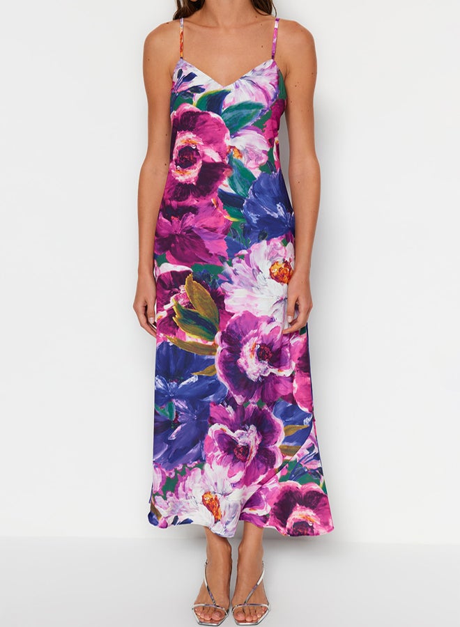 trendyol Multicolored Flower Print Straight Cut Strap Midi Satin Woven Dress - Image 4
