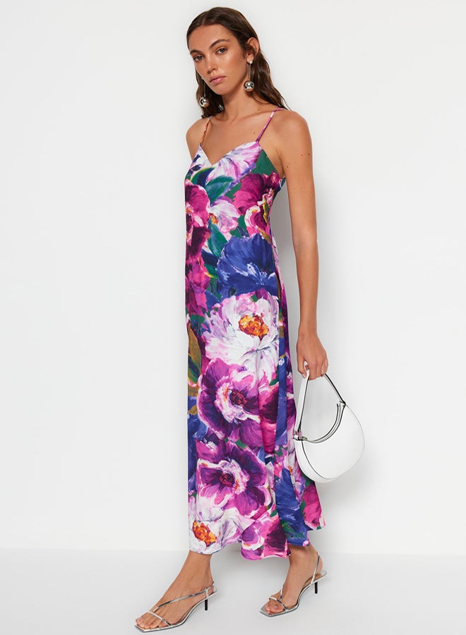 trendyol Multicolored Flower Print Straight Cut Strap Midi Satin Woven Dress - Image 2