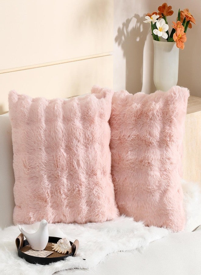 linmopm Excluding Insert Faux Rabbit Fur Bubble Pack of 2 Throw Pillow Cover Double Side 18x18 Inch Pink Thick Plush Dense Fuzzy Decorative Cushion Covers for Couch Bedroom - Image 1