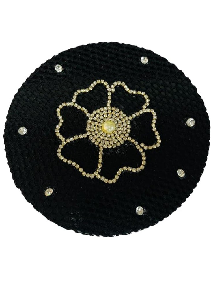 مملكة الإكسسوارات كعكة شعر وتاج من أكسسورايز كينغدوم مزينة بزهرة من أحجار الراين | غطاء شبكي أنيق للفتيات والنساء (أسود 1) - Image 2