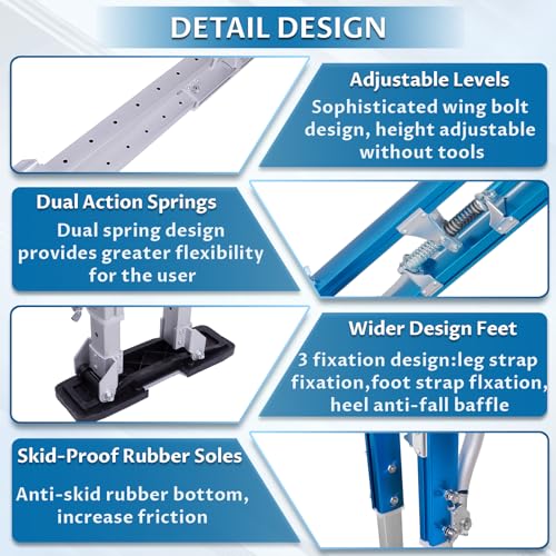 Hooomyai Drywall Stilts 18-30 inch Adjustable Height Aluminum Painting Tool Stilt with Knee Pads Protection Ideal for Painting, Finishing, and Cleaning – Blue - Image 4