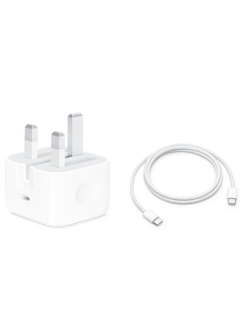 Apple محول طاقة USB‑C 20 واط من أبل مع كابل شحن USB‑C 60 واط (1 م) – مجموعة شاحن آيفون الأصلية، أبيض - Image 1