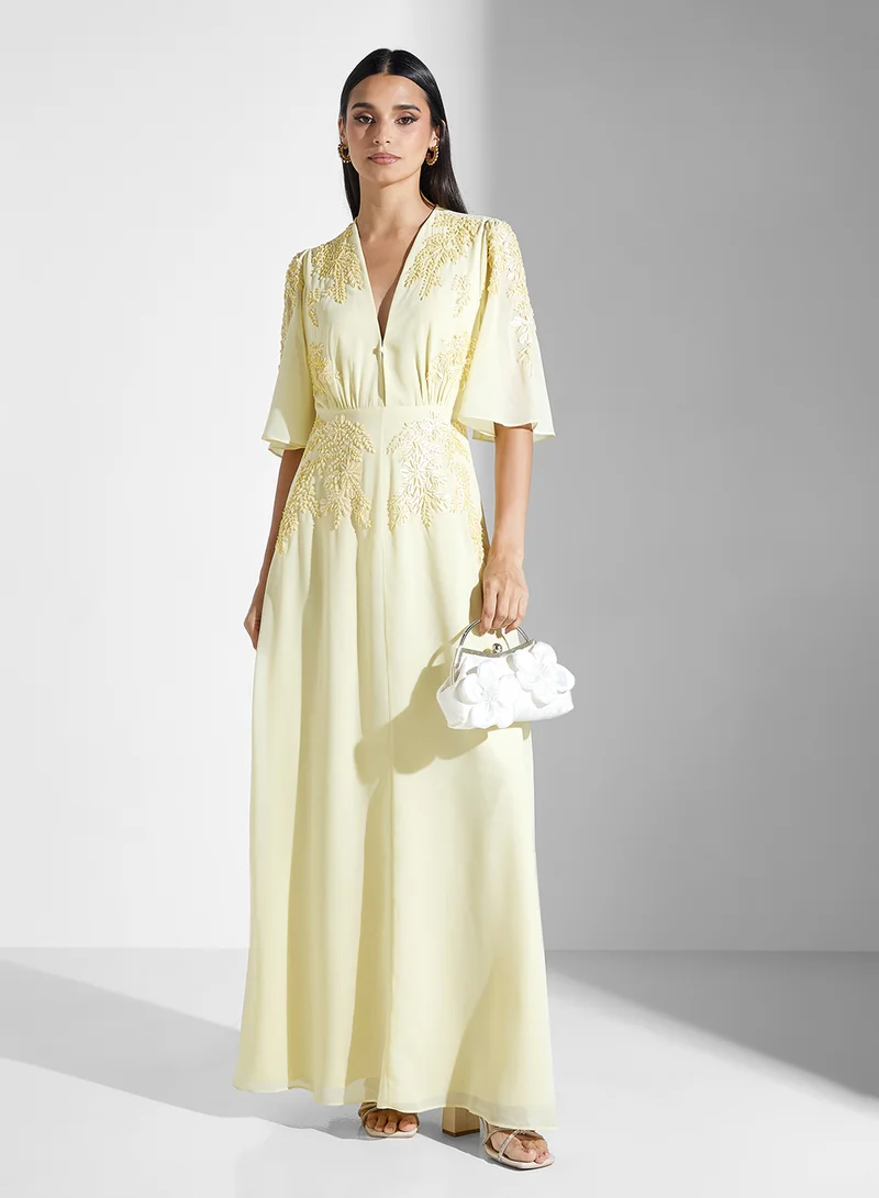 Hope & Ivy Embellished Plunge Neck Maxi Dress