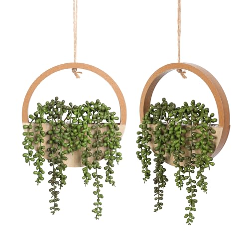 Floweroyal 2pcs Artificial Succulents Hanging Plants 12.2'' Fake String of Pearls in Pot with 8.3'' Lanyard for Indoor Outdoor Wall Decor（Wood Color）. - Image 1