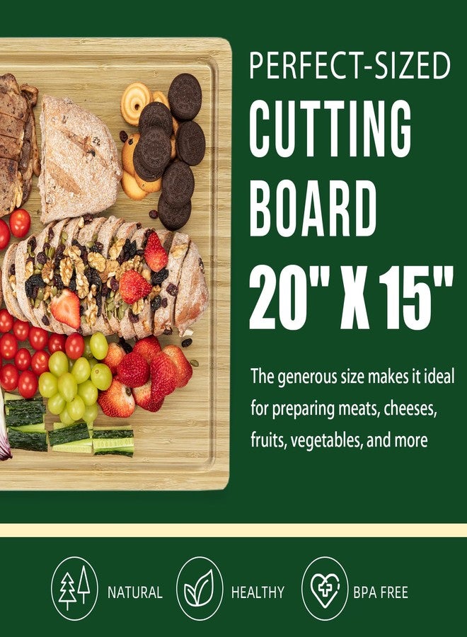 Takywep 20"x15" Large Wood Cutting Board for Kitchen, Bamboo Cheese Charcuterie Board, Butcher Chopping Block, with Juice Grooves and Handles - Image 2