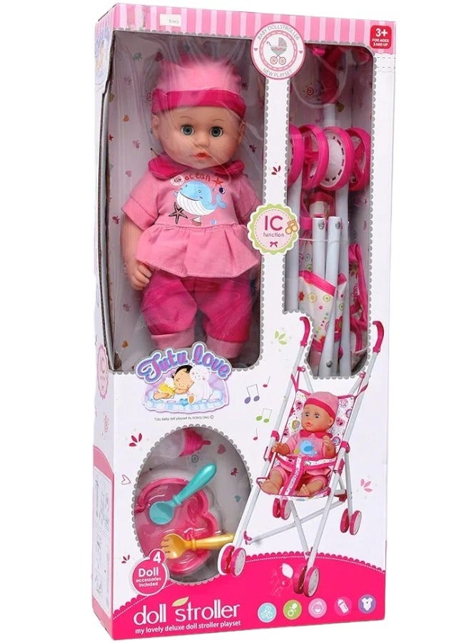 صندوق العاب عربة أطفال وإكسسوارات إطعام مع مجموعة ألعاب موسيقية للفتيات - Image 1