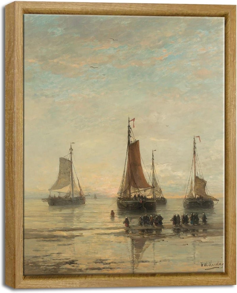 Pyradecor Classical Marine Oil Painting Vintage Wall Art Retro Natural Wood Framed Home Decor - Image 1