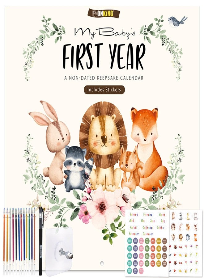 Monking Baby's First Year Calendar with Stickers - 1st Year Tracker and Memory Book for Girls and Boys - Document and Cherish Milestones with Pocket and Drill Free Adhesive Hook - Image 1