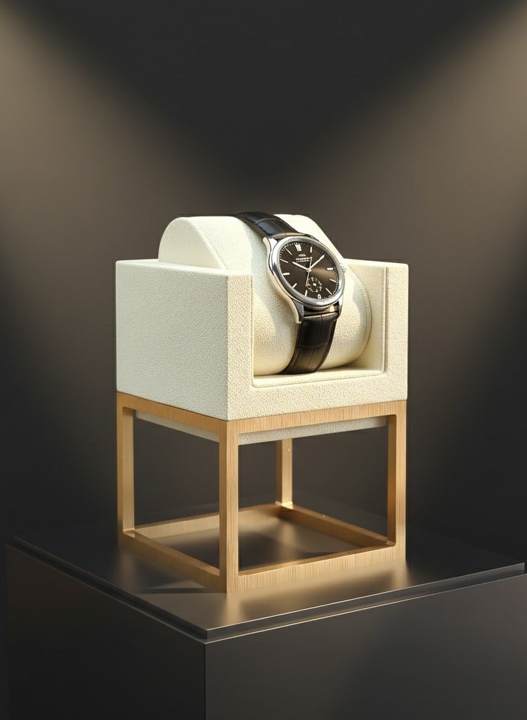 Al Seraj Luxury Small Watch Display Stand Beige with Gold Metal Base | Premium Microfiber Watch Holder with Removable Cushion | Elegant Watch Organizer for Jewelry Display, Retail Counter & Gift Use - Image 4