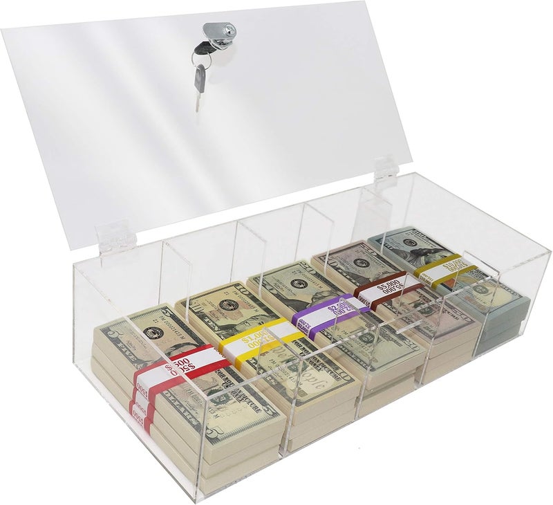 Nadex Acrylic Locking Currency Tray, 5 Compartment Cash Organizer Money Storage Box with Lockable Cover, 300 Currency Wrappers Included - Image 1