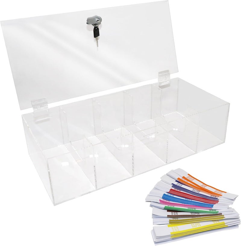 Nadex Acrylic Locking Currency Tray, 5 Compartment Cash Organizer Money Storage Box with Lockable Cover, 300 Currency Wrappers Included - Image 4