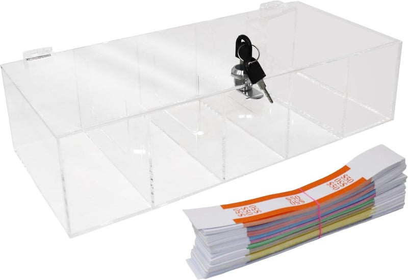 Nadex Acrylic Locking Currency Tray, 5 Compartment Cash Organizer Money Storage Box with Lockable Cover, 300 Currency Wrappers Included - Image 2