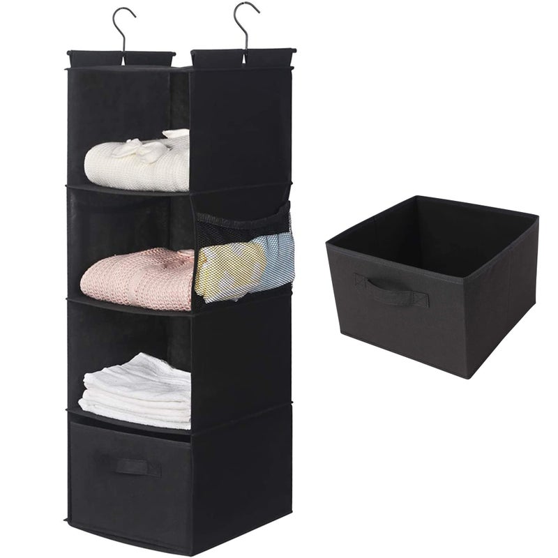 MAX Houser 4Shelf Hanging Closet Organizer Space Saver Cloth Hanging Shelves with 2 Side Pockets Foldable Black