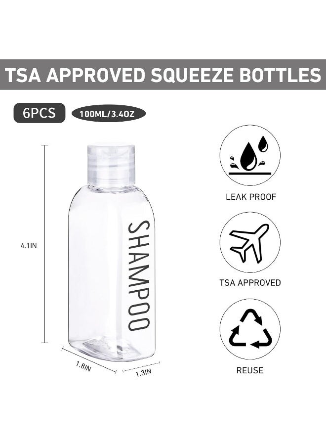 Bincoo Travel Cosmetic Bottles, 3.4 oz/6 Pack, 100 ml, TSA Approved Lotion Bottles Travel Size, Leakproof, Squeeze Bottles with Flip Cap for Toiletries, Makeup, Shampoo, Lotion (Clear) - Image 3